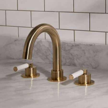 Senska 3-Hole Bath Filler - Deck Mounted - White Lever - Brushed Brass