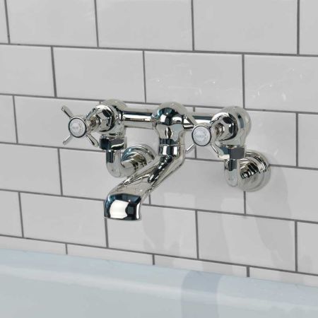 Aysgarth Bath Filler Tap Wall Mounted X Top Polished Nickel