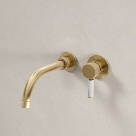Senska - 2-Hole Basin Mixer - Wall Mounted - White Lever - Brushed Brass