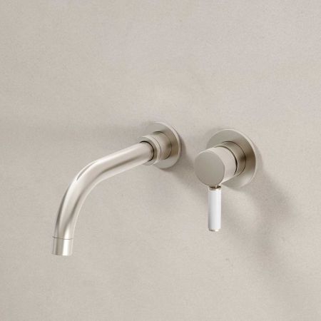 Senska - 2-Hole Basin Mixer - Wall Mounted - White Lever - Brushed Nickel