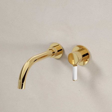 Senska - 2-Hole Basin Mixer - Wall Mounted - White Lever - Polished Brass