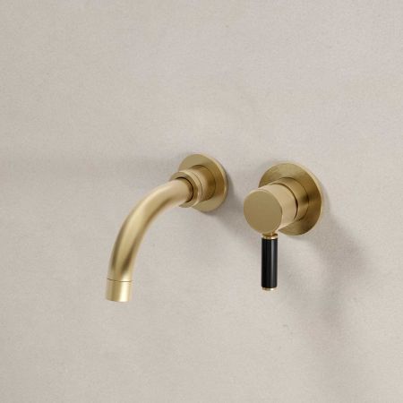 Senska - 2-Hole Basin Mixer - Wall Mounted - Black Lever - Short Spout - Brushed Brass