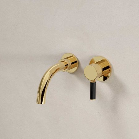 Senska - 2-Hole Basin Mixer - Wall Mounted - Black Lever - Short Spout - Polished Brass