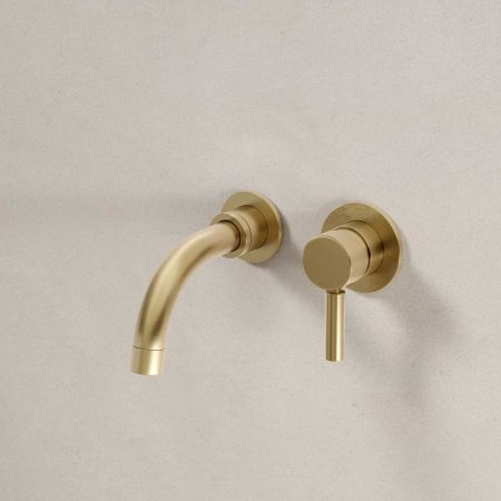 Senska - 2-Hole Basin Mixer - Wall Mounted - Metal Lever - Short Spout - Brushed Brass
