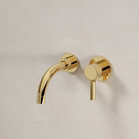 Senska - 2-Hole Basin Mixer - Wall Mounted - Metal Lever - Short Spout - Polished Brass