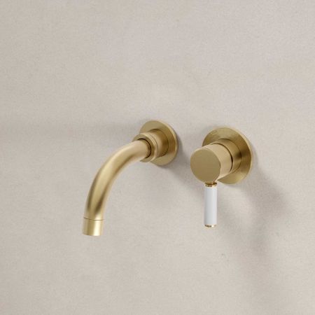 Senska - 2-Hole Basin Mixer - Wall Mounted - White Lever - Short Spout - Brushed Brass