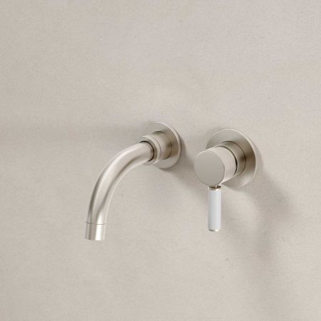 Senska - 2-Hole Basin Mixer - Wall Mounted - White Lever - Short Spout - Brushed Nickel