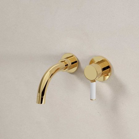 Senska - 2-Hole Basin Mixer - Wall Mounted - White Lever - Short Spout - Polished Brass