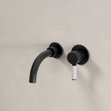 Senska - 2-Hole Basin Mixer - Wall Mounted - White Lever - Short Spout - Matt Black