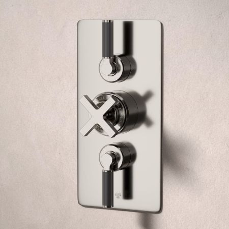 Bayor Dual Oulet Concealed Shower with Handshower Hook & 210mm Ceiling Arm with 8" Rose - Black Lever - Brushed Nickel