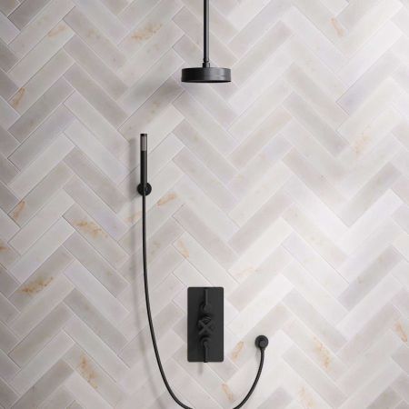 Elbe Dual Outlet Shower Kit - Concealed Valve - Matt Black Lever - Handshower Hook - Ceiling Mounted Rose - Matt Black