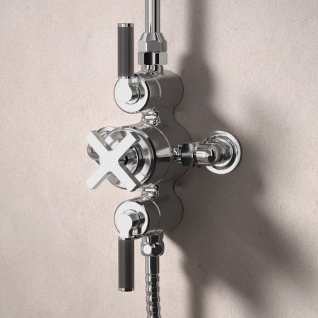 Bayor Dual Outlet Exposed Shower with Riser Mounted Handshower & 8" Rose - Black Lever - Chrome