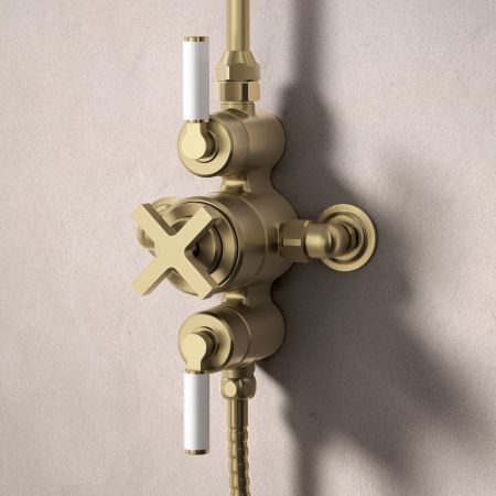 Bayor Dual Outlet Exposed Shower with Riser Mounted Handshower & 8" Rose - White Lever - Brushed Brass