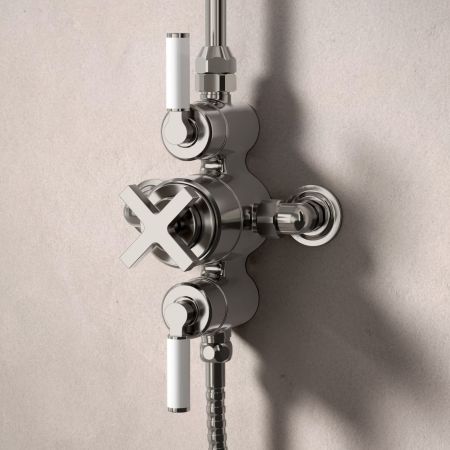 Bayor Dual Outlet Exposed Shower with Riser Mounted Handshower & 8" Rose - White Lever - Brushed Nickel