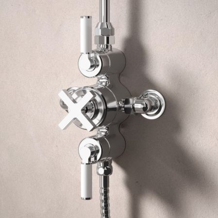 Bayor Dual Outlet Exposed Shower with Riser Mounted Handshower & 8" Rose - White Lever - Chrome