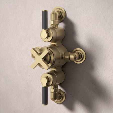 Bayor Dual Oulet Semi Exposed Shower with Slider Rail & 300mm Wall Arm with 8" Rose - Black Lever - Brushed Brass