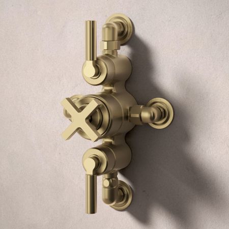Bayor Dual Oulet Semi Exposed Shower with Slider Rail & 300mm Wall Arm with 8" Rose - Metal Lever - Brushed Brass