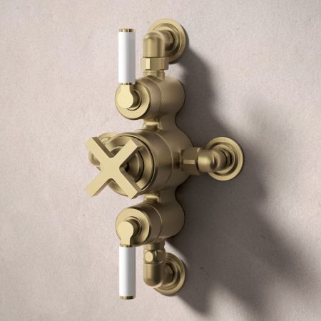 Bayor Dual Oulet Semi Exposed Shower with Slider Rail & 300mm Wall Arm with 8" Rose - White Lever - Brushed Brass