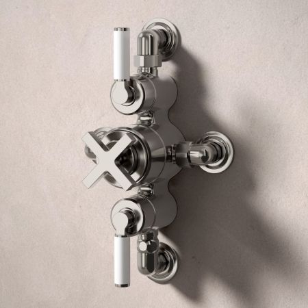 Bayor Dual Oulet Semi Exposed Shower with Slider Rail & 300mm Wall Arm with 8" Rose - White Lever - Brushed Nickel