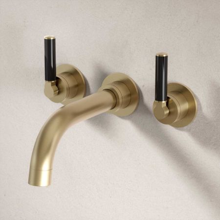 Bayor Wall Mounted 3 Hole Bath Filler - 220mm Spout - Black Lever - Brushed Brass