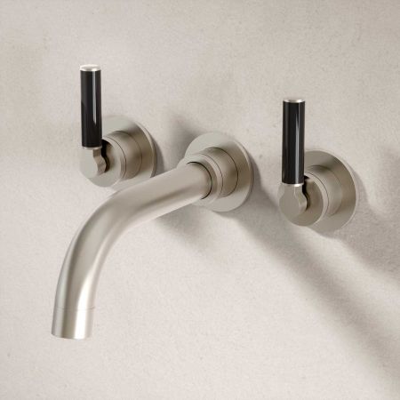 Bayor Wall Mounted 3 Hole Bath Filler - 220mm Spout - Black Lever - Brushed Nickel