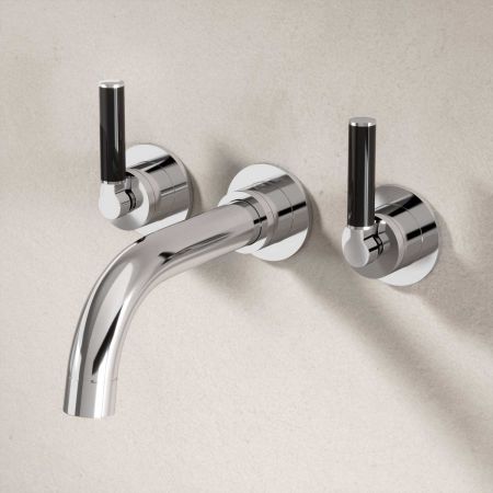 Bayor Wall Mounted 3 Hole Bath Filler - 220mm Spout - Black Lever - Chrome