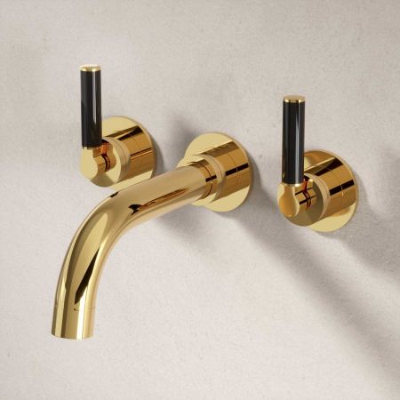 Bayor Wall Mounted 3 Hole Bath Filler - 220mm Spout - Black Lever - Living Brass