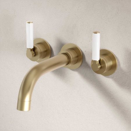 Bayor Wall Mounted 3 Hole Bath Filler - 220mm Spout - White Lever - Brushed Brass
