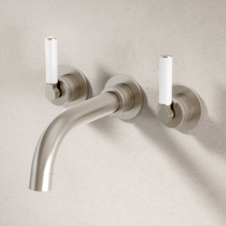 Bayor Wall Mounted 3 Hole Bath Filler - 220mm Spout - White Lever - Brushed Nickel
