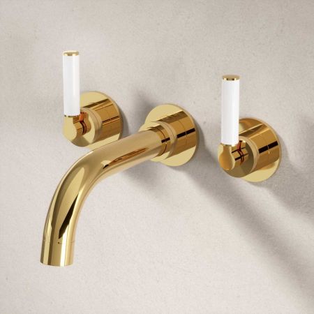 Bayor Wall Mounted 3 Hole Bath Filler - 220mm Spout - White Lever - Living Brass