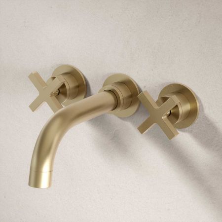Bayor Wall Mounted 3 Hole Bath Filler - 220mm Spout - Crosshead - Brushed Brass