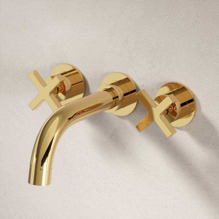 Bayor Wall Mounted 3 Hole Bath Filler - 220mm Spout - Crosshead - Living Brass