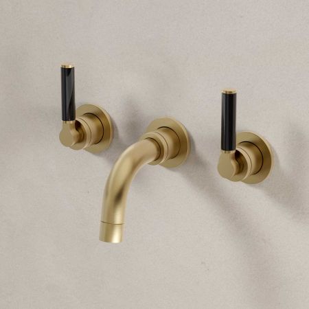 Senska - 3-Hole Basin Mixer Tap - Backsplash Basin Mounted - Black Lever - Brushed Brass