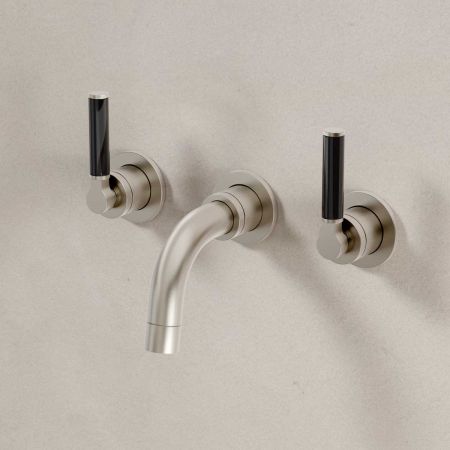 Senska - 3-Hole Basin Mixer Tap - Backsplash Basin Mounted - Black Lever - Brushed Nickel