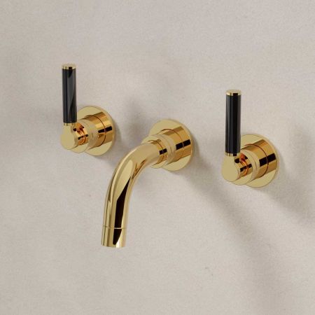 Senska - 3-Hole Basin Mixer Tap - Backsplash Basin Mounted - Black Lever - Polished Brass