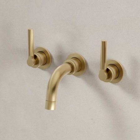 Senska - 3-Hole Basin Mixer Tap - Backsplash Basin Mounted - Metal Lever - Brushed Brass