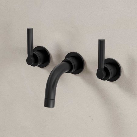 Senska - 3-Hole Basin Mixer Tap - Backsplash Basin Mounted - Metal Lever - Matt Black