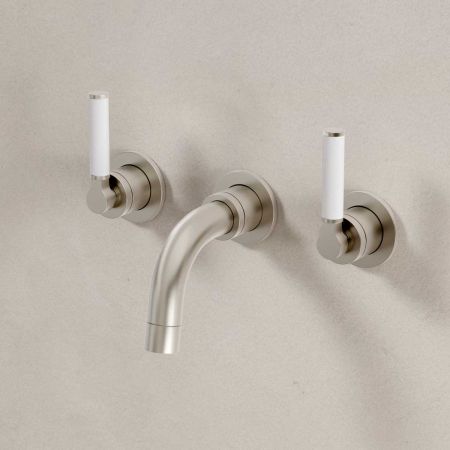 Senska - 3-Hole Basin Mixer Tap - Backsplash Basin Mounted - White Lever - Brushed Nickel