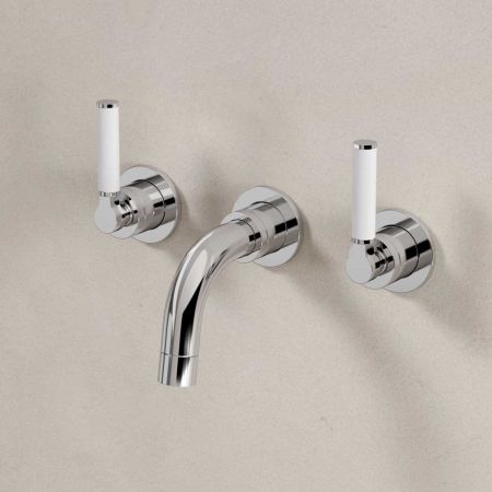 Senska - 3-Hole Basin Mixer Tap - Backsplash Basin Mounted - White Lever - Chrome