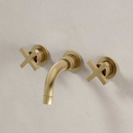 Bayor - 3-Hole Basin Mixer Tap - Backsplash Basin Mounted - Crosshead - Brushed Brass
