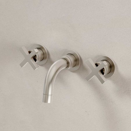 Bayor - 3-Hole Basin Mixer Tap - Backsplash Basin Mounted - Crosshead - Brushed Nickel