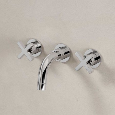 Bayor - 3-Hole Basin Mixer Tap - Backsplash Basin Mounted - Crosshead - Chrome