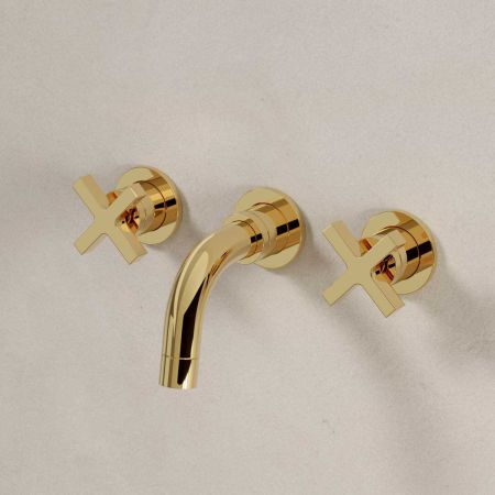 Bayor - 3-Hole Basin Mixer Tap - Backsplash Basin Mounted - Crosshead - Polished Brass