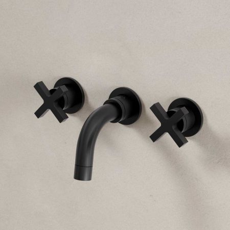 Bayor - 3-Hole Basin Mixer Tap - Backsplash Basin Mounted - Crosshead - Matt Black