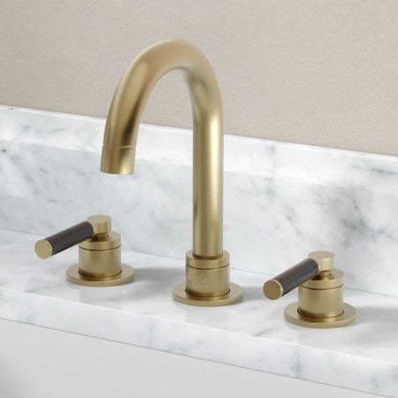 Senska - 3-Hole Basin Mixer - Deck Mounted - Black Lever - Brushed Brass