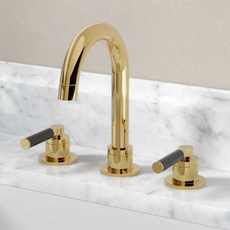 Senska - 3-Hole Basin Mixer - Deck Mounted - Black Lever - Polished Brass