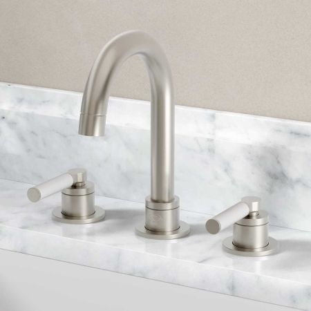 Senska - 3-Hole Basin Mixer - Deck Mounted - White Lever - Brushed Nickel