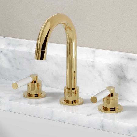 Senska - 3-Hole Basin Mixer - Deck Mounted - White Lever - Polished Brass