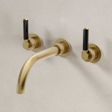 Senska - 3-Hole Basin Mixer - Wall Mounted - Black Lever - Brushed Brass