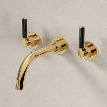 Senska - 3-Hole Basin Mixer - Wall Mounted - Black Lever - Polished Brass